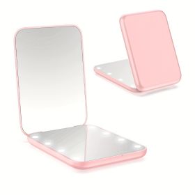 Portable Handheld Folding Makeup Mirror LED Light 8 Lamp Beads (Color: Pink)