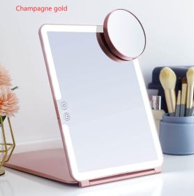 Large Cosmetic Mirror With Light Portable Make-up Rechargeable Folding Makeup (Option: Champagne gold-L and magnifying glass)