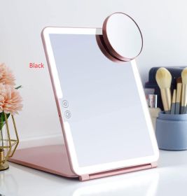 Large Cosmetic Mirror With Light Portable Make-up Rechargeable Folding Makeup (Option: Black-L and magnifying glass)